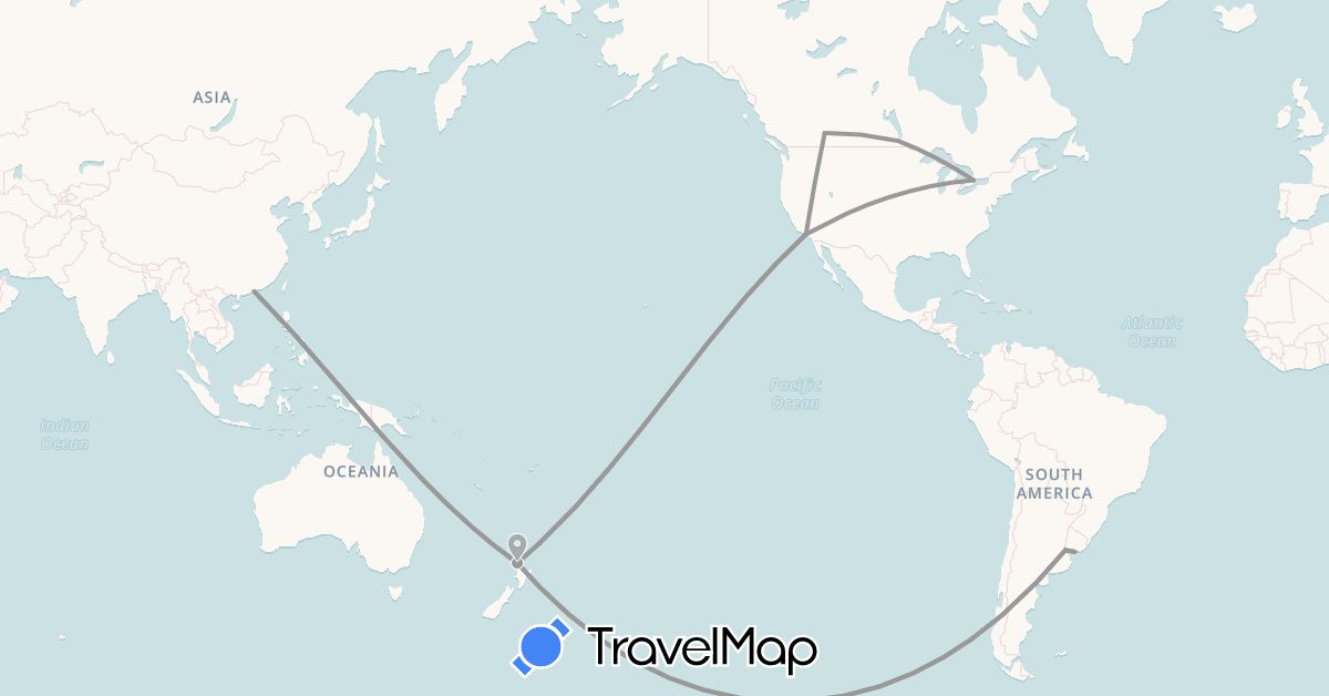 TravelMap itinerary: driving, plane in Argentina, Canada, Hong Kong, New Zealand, United States, Uruguay (Asia, North America, Oceania, South America)